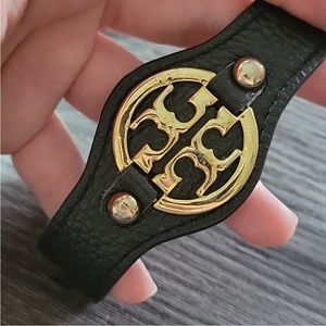 Black Leather TB Bracelet Fits Size 6-8